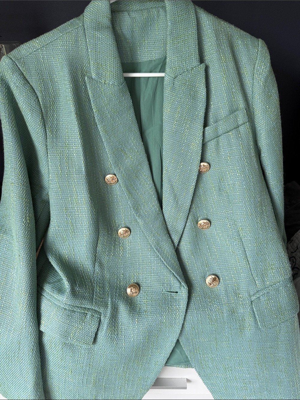 Textured Seafoam Green Double-Breasted Blazer with Gold Buttons Sz 10
